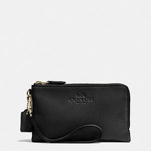 Coach double zipper black leather wristlet